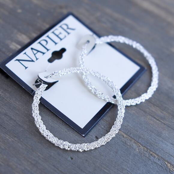 Vintage Napier Hoop Earrings Silver Tone Textured Brand New Large - Picture 1 of 4